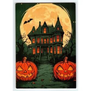 Vintage Halloween Postcard Haunted House & Jack-o'-Lanterns Full Moon
